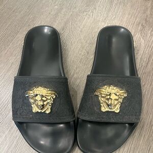 Versace Black and Gold Sandals with Iconic Logo